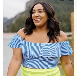 KIAVA Blue And White Striped Off-Shoulder Ruffle Swim Top